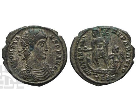AD 337-350. Thessalonica mint; struck AD 348-350. 1st officina. D N CONSTA-NS P F AVG, pearl-diademed, draped and cuirassed b