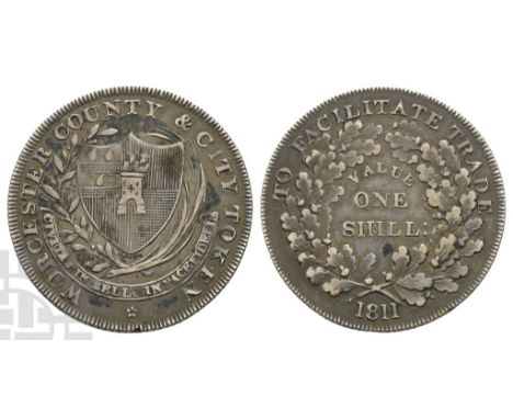 Dated 1811. WORCESTER COUNTY &amp; CITY TOKEN ✿, coat-of-arms within wreath of olive and palm; below, banner reading CIVITAS 