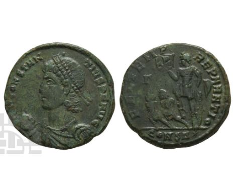 AD 337-361. Constantinople mint; struck AD 348-351. 4th officina. D N CONSTAN-TIVS P F AVG, pearl-diademed, draped and cuiras