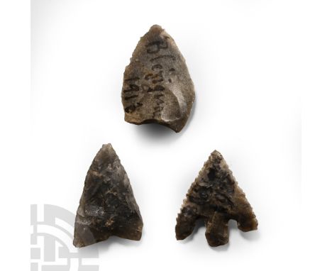 Neolithic-Early Bronze Age, circa 6000-4500 B.P. Very fine examples with intricate pressure flaking; in old collector's card 