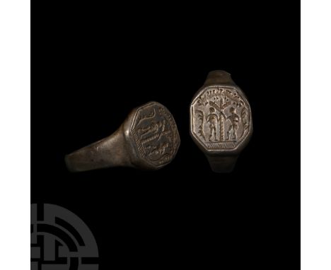 15th-16th century A.D. With octagonal bezel, incised border with two figures flanking a tree, fronds to each side; Adam and E