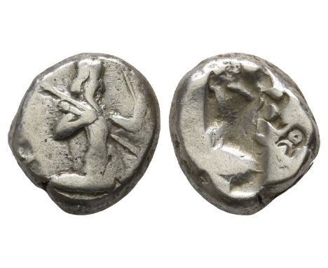 Circa 450-375 BC. Lydo-Milesian standard. Sardes or subsidiary mint. Type IIIb (late). Persian king or hero, wearing kidaris 