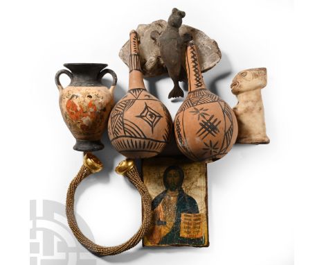 20th century A.D. Including flasks, painted icon, neck-ring and other items.  2.14 kg total, 13-22 cm (5 1/8 - 8 5/8 in.). [7