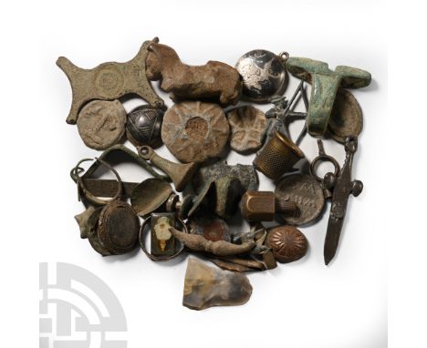 4th millennium B.C.-20th century A.D. Including a re-touched flint scraper, pewter archer badge, thimble, bronze finger ring,