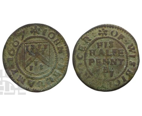 Dated 1667. IOHN BELLAMY 1667, grocer's arms / OF WISBECH GROCER around HIS HALF PENNY in three lines. Dickinson p.35, 202.  