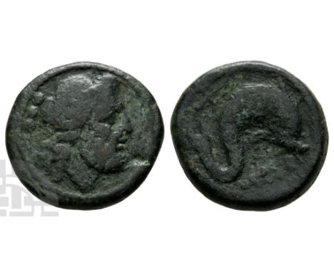 Circa 211-200 BC. Head of Poseidon to right; three pellets (mark of value) behind / Dolphin swimming to right; LOVCERI below,