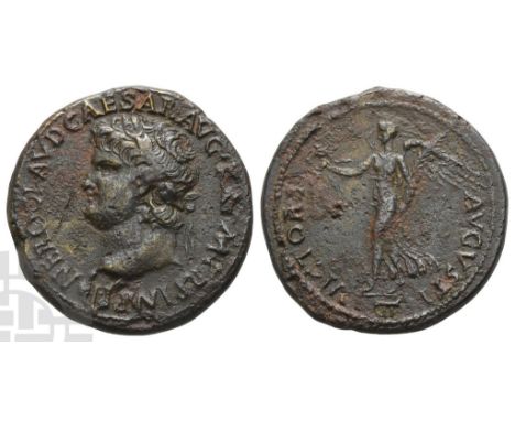 AD 58-64. Lugdunum. NERO CLAVD CAESAR AVG GER P M TR P IMP P P, laureate head to left, globe at point of bust / VICTORIA AVGV