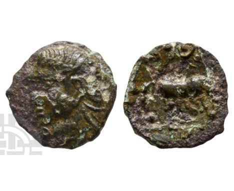 Circa AD 10-20?. 'Troccos Bull' type. Augustan style head to left, [CVNO before], pellet-in-ring beneath chin (partially show