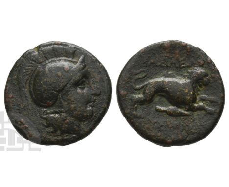 Circa 306/5-301/0 BC. Lysimacheia mint. Head of Athena to right, wearing crested Attic helmet / Lion leaping to right above s