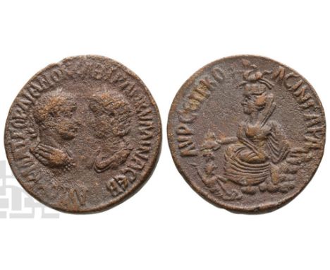 AD 238-244. Struck AD 241-244. AVTOK K M AT(sic) ΓOPΔIANON CAB TPAN[KVΛΛINA CEB, confronted busts of Gordian, laureate, drape