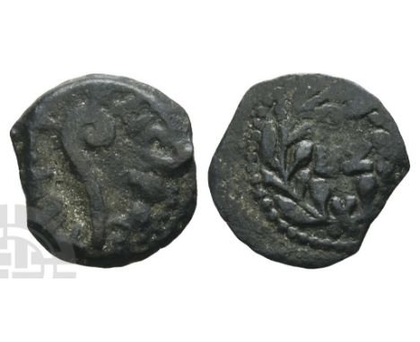 26-36 CE. Jerusalem mint. In the name of Tiberius. Dated RY 17 (30 CE). TIBЄPIOV KAICAPOC, lituus / L IZ (date) within wreath