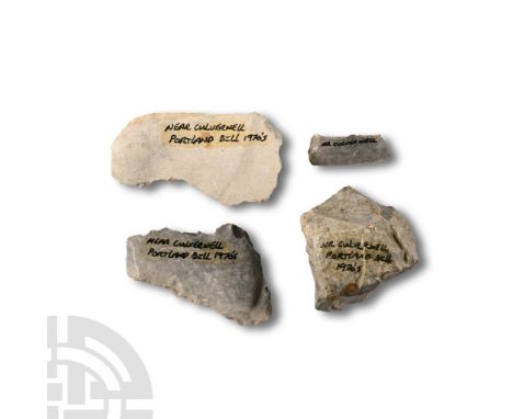 Mesolithic Period, circa 12,000-9,000 years B.P. Comprising three microlith scrapers and worked block, with inked inscription