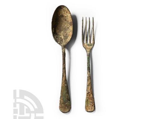 Sunk 1752 A.D. Comprising a four-pronged table fork and a spoon with ovoid bowl. Exhibited at the museum 'Museo de los Naufra