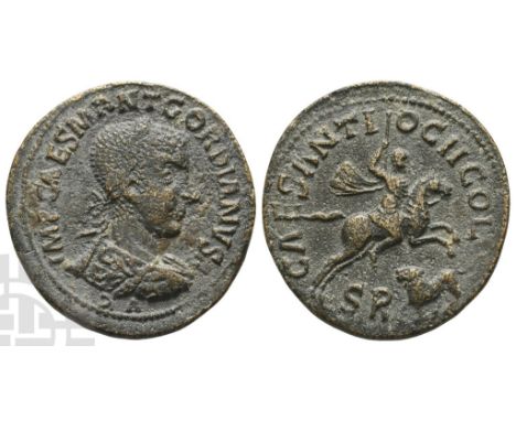 AD 238-244. IMP CAES M ANT GORDIANVS AVG, laureate, draped and cuirassed bust of Gordian III to right, seen from behind / CAE