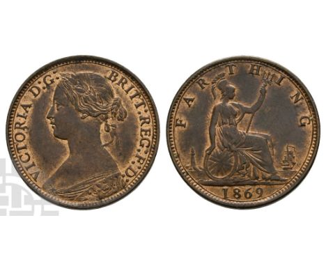 1837-1901. London mint. Dated 1869. 'Bun Head' issue. VICTORIA D : G : BRITT : REG : F : D :, laureate bust to left / FARTHIN