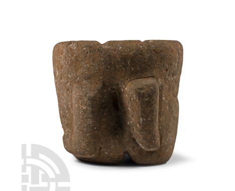 1st millennium A.D. Rectangular in plan and tapering in profile from the rounded rim to the segmented basal ring, vertical lo