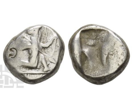 Circa 486-420 BC. Lydo-Milesian standard. Sardes mint. Type IIIb (early). Persian king or hero, wearing kidaris and kandys, q