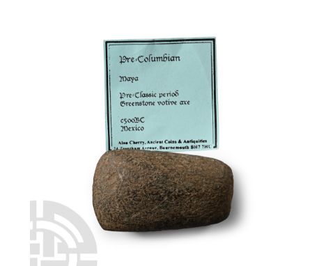 Pre-Classic Period, circa 500 B.C. Lentoid in section with square butt and slightly curved edge.  127 grams, 69 mm (2 3/4 in.