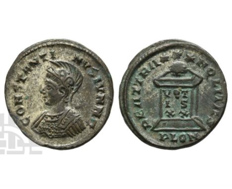 AD 316-337. London mint; struck AD 323-324. 1st officina. CONSTANTINVS IVN N C, helmetted and cuirassed bust to left / BEAT T