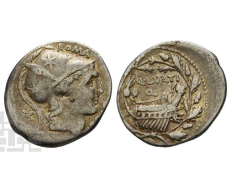 109-108 BC. Rome mint. Head of Roma (or Mars) to right, wearing helmet decorated with plume and stars; ROMA above, mark of va