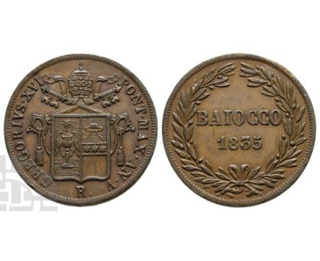 1831-1846. Rome mint. Dated 1835. GREGORIVS · XVI PONT · MAX · AN · V R., Papal arms / BAIOCCO 1835 within wreath. KM 1320; M