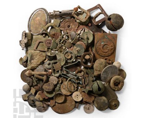 16th-20th century A.D. Including a whistle, buckle frames, Singleton's Snuff box, crotal bell and other items.  1.39 kg total