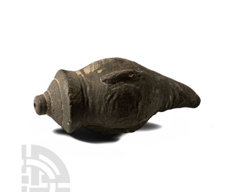 13th-15th century A.D. A hollow vessel with cylindrical body, short neck and domed mouth, four raised lugs to the body; inten