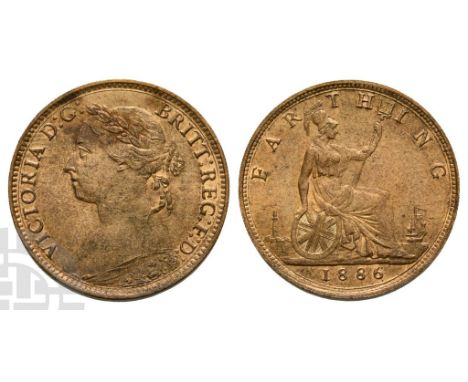 1837-1901. London mint. Dated 1886. 'Bun Head' issue. VICTORIA D : G : BRITT : REG : F : D :, laureate bust to left / FARTHIN