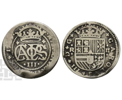 1705-1714. Barcelona mint. Dated 1709. • HISPANIARVM ✤ REX ✤ 1709 •, crowned monogram of CARLOS III / ✤ CAROLVS ✤ III ✤ D ✤ G