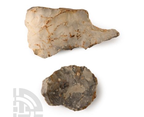 Neolithic Period, 4th-2nd millennium B.C. Comprising a discoid scraper and triangular piercing tool, with some remains of cor