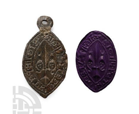 Late 13th-early 14th century A.D. Vesica-shaped seal with pierced lug finial; central field with fleur-de-lys flanked by pell