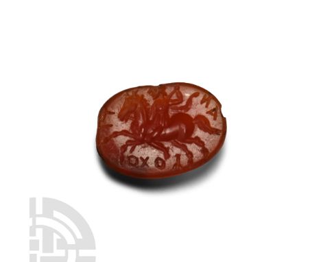 1st-2nd century A.D. Ellipsoid in plan with intaglio horseman blowing a horn, Greek legend to the border 'AHTIOXOY' (belongin