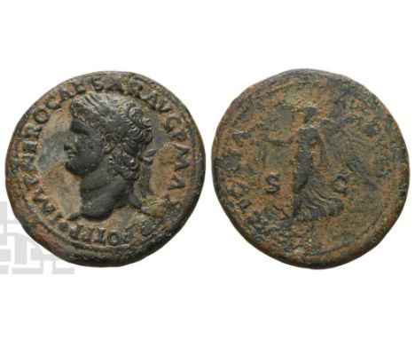AD 66. Lugdunum. IMP NERO CAESAR AVG P MAX TR POT P P, laureate head to left, small globe at point of bust / VICTORIA AVGVSTI