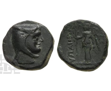 Circa 250-187 BC. Head to right, wearing bashlyk / ΥΠΑΙoΡo[..], Nike standing facing, head to left, holding long palm in exte