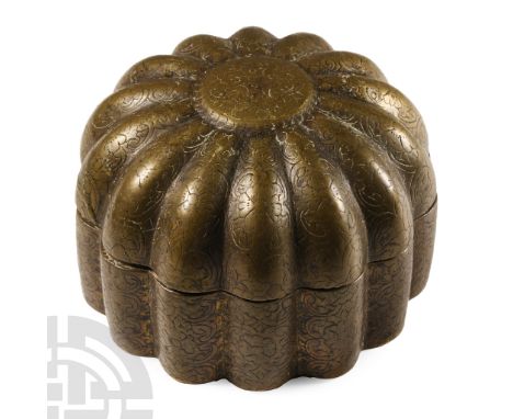 19th century A.D. Hollow-formed domed caddy with detachable lid, ribbed in plan with incised scrolls and tendrils.  488 grams