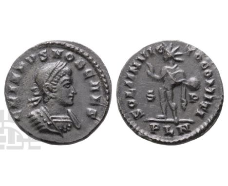 AD 316-326. London mint; struck AD 317. 1st officina. CRISPVS NOB CAES, laureate and cuirassed bust to right / SOLI INVIC-TO 