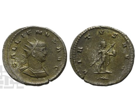 AD 253-268. Antioch mint; struck AD 264-265. GALLIENVS AVG, radiate and cuirassed bust to right / VIRTVS AVG, emperor standin