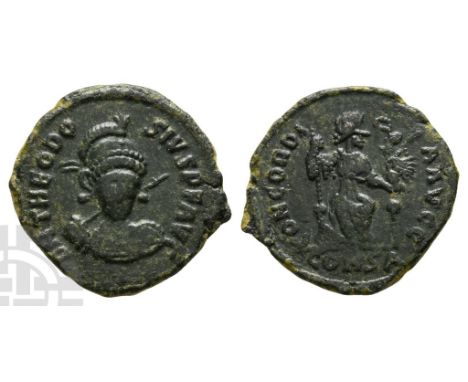 AD 402-450. Constantinople mint; struck AD 401-403. 1st officina. D N THEODO-SIVS P F AVG, pearl-diademed, helmeted and cuira