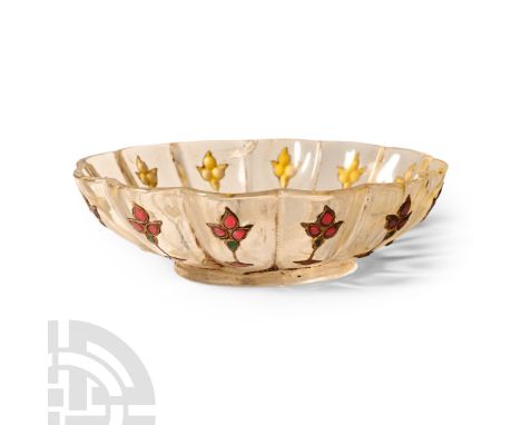19th century A.D. Ellipsoid in plan with scalloped sidewall, applied wire tendrils and glass and synthetic ruby cabochons.  1