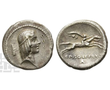 67 BC. Rome mint. Laureate head of Apollo to right, club as control mark behind / Horseman galloping to right, holding whip a