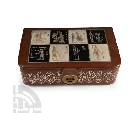 20th century A.D. Wooden rectangular box with applied detailing of hieroglyphs and other symbols, polychrome panels with imag
