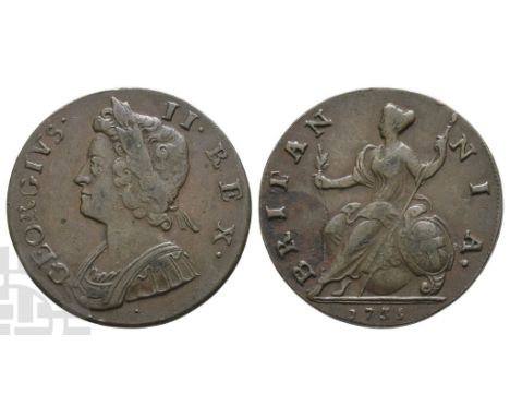 1727-1760. Tower (London) mint. Dated 1735. GEORGIVS • II • REX •, laureate and cuirassed bust to left / BRITANNIA •, Britann