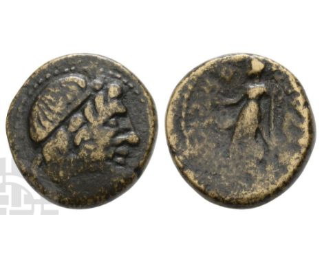 Roman rule, after 212 BC. Diademed head of Serapis to right, wearing atef crown / [ΣYPAK]-O-CIΩN, Isis standing facing, head 
