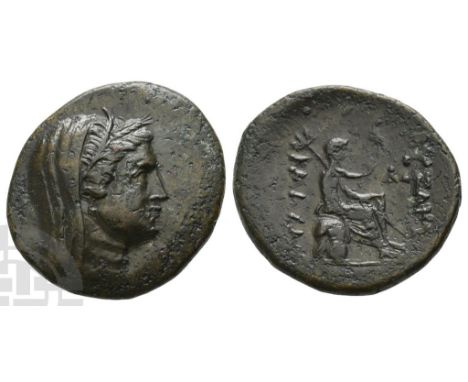 300-200 BC. Wreathed and veiled head of Demeter to right / ΒΥZΑNT ΚΑΛΧΑΔ, Poseidon seated to right, holding aphlaston with ri