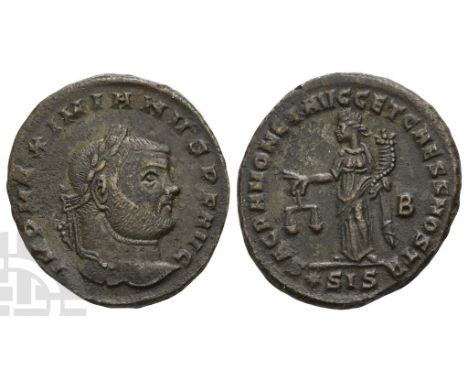 AD 300. Siscia. IMP MAXIMIANVS P F AVG, laureate head to right / SACRA MONET AVGG ET CAESS NOSTR, Moneta standing facing, hea