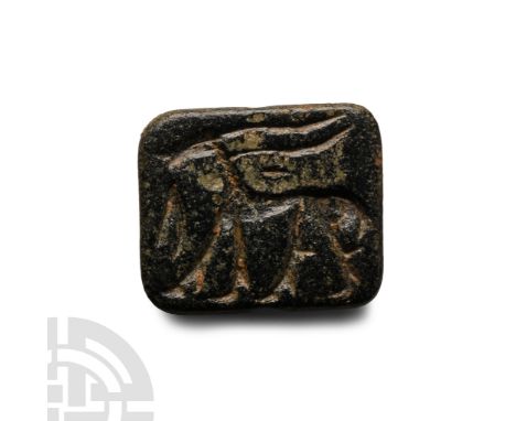 2nd millennium B.C. Rectangular in plan with domed upper face, intaglio advancing ibex motif.  8.16 grams, 27 mm (1 in.). [No