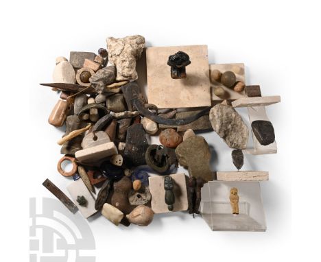 20th century A.D. and earlier. Including ceramic figures, bronze tool, perspex mounts, ceramic tile and other items  1.87 kg 