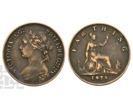 1837-1901. London mint. Dated 1878. 'Bun Head' issue. VICTORIA D : G : BRITT : REG : F : D :, laureate bust to left / FARTHIN