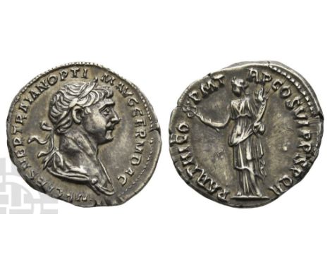 AD 98-117. Rome mint; struck AD 116-117. IMP CAES NER TRAIAN OPTIM AVG GERM DAC, laureate and draped bust to right / PARTHICO