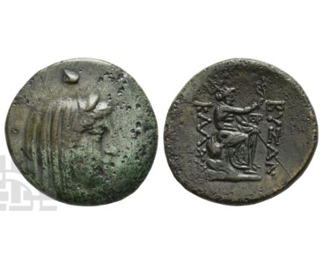 300-200 BC. Veiled head of Demeter to right / ΒΥZΑN ΚΑΛΧΑ, Poseidon seated to right, holding aphlaston with right hand and tr